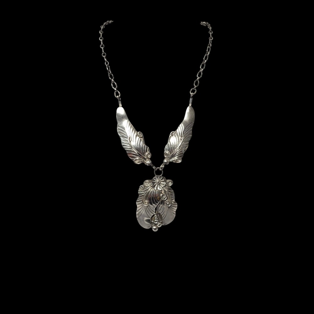 Vintage H Sterling Silver Floral Leaf Wing Statement Necklace 13 Inch*